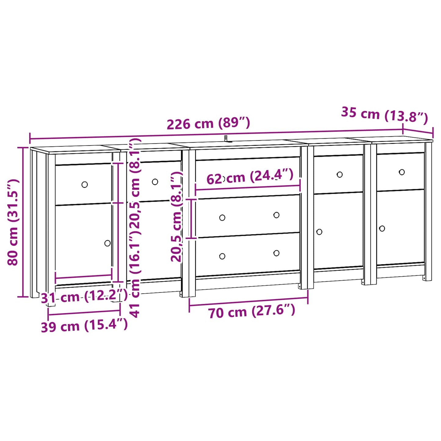 vidaXL Sideboard with Drawer 5 pcs Wax Brown Solid Pine Wood