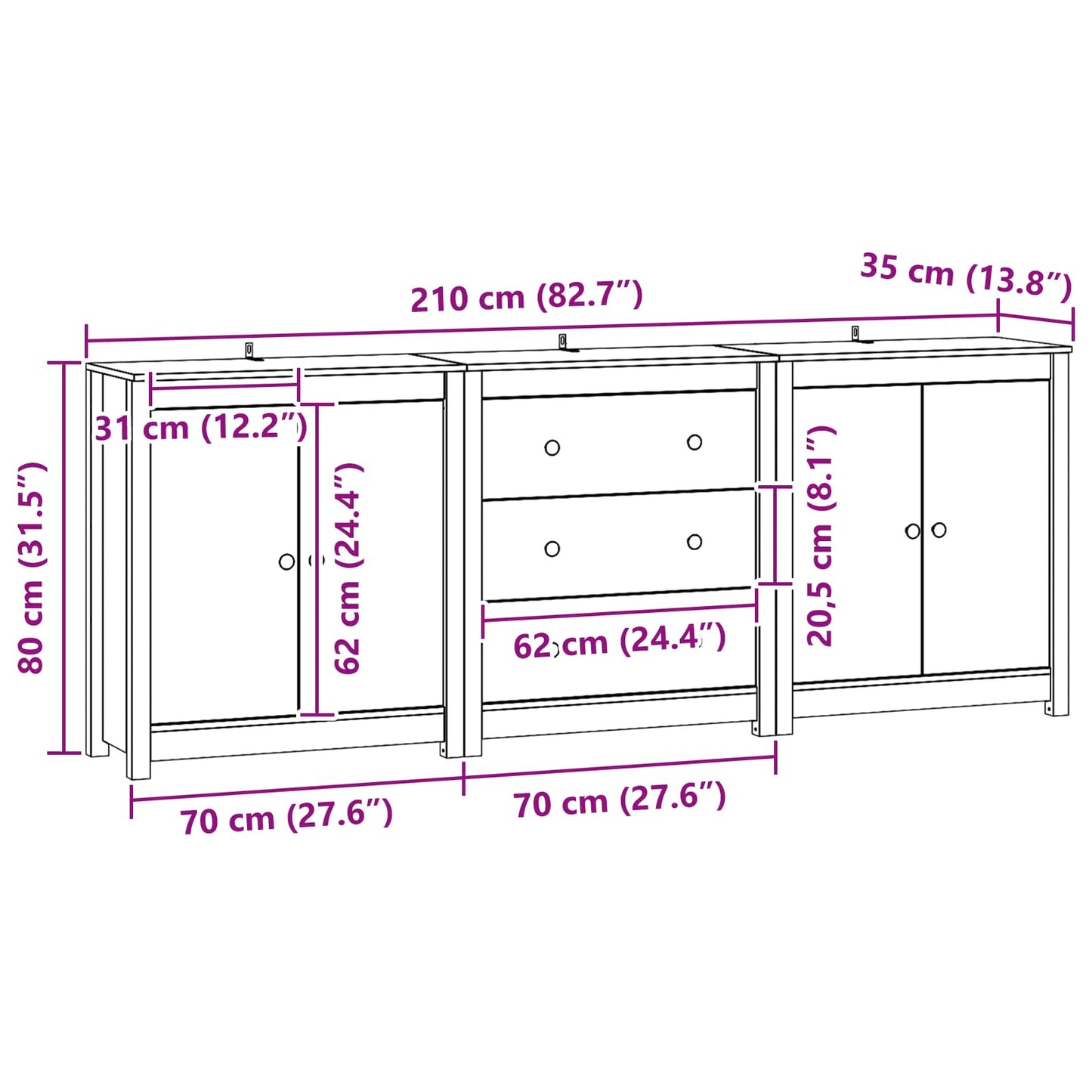 vidaXL Sideboard with Drawer 3 pcs Wax Brown Solid Pine Wood