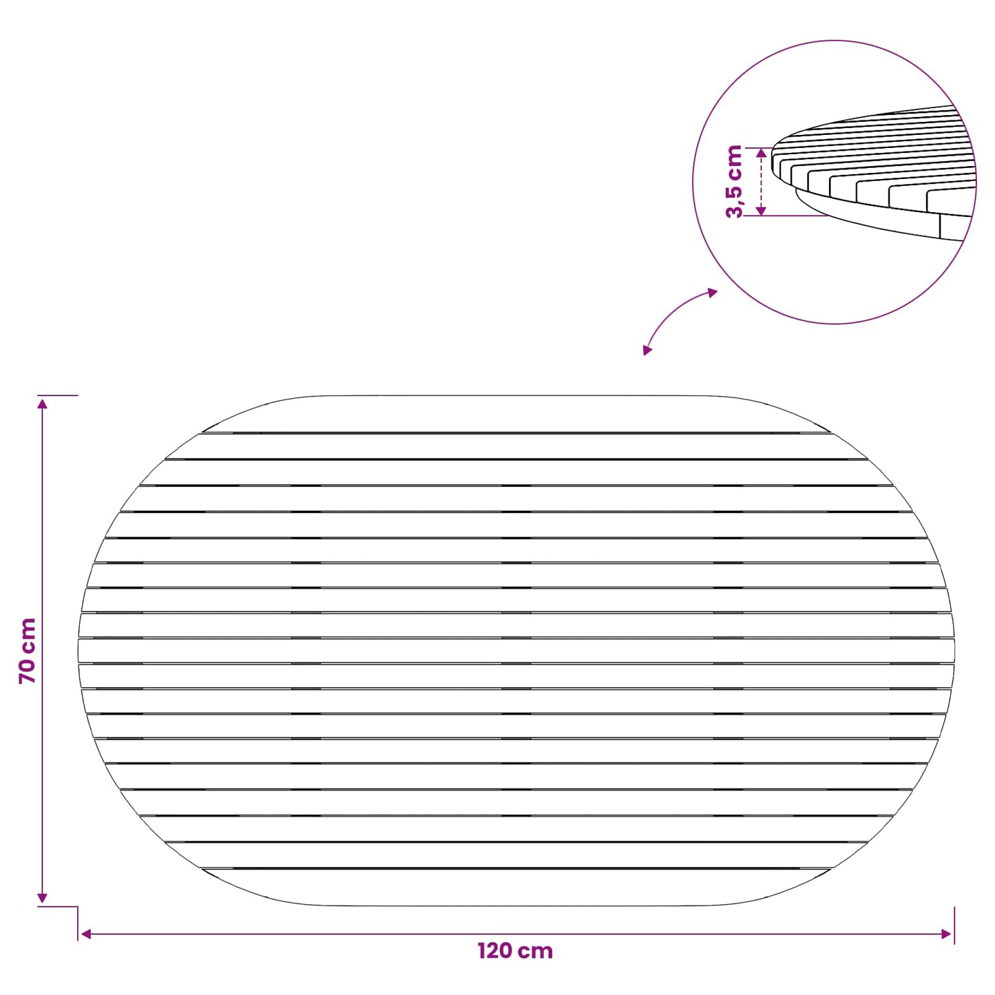 vidaXL Table Top 120 x 70 x 3.5 cm Oval Solid Teak Wood Natural