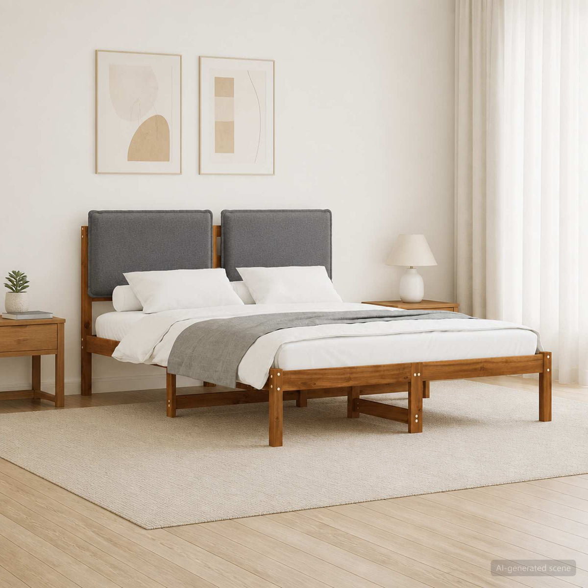 vidaXL Bed Frame with Upholstered Headboard Natural and Light Grey