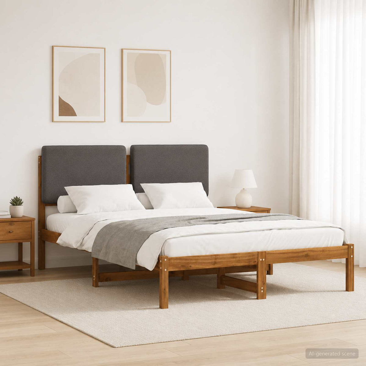 vidaXL Bed Frame with Upholstered Headboard Natural and Light Grey