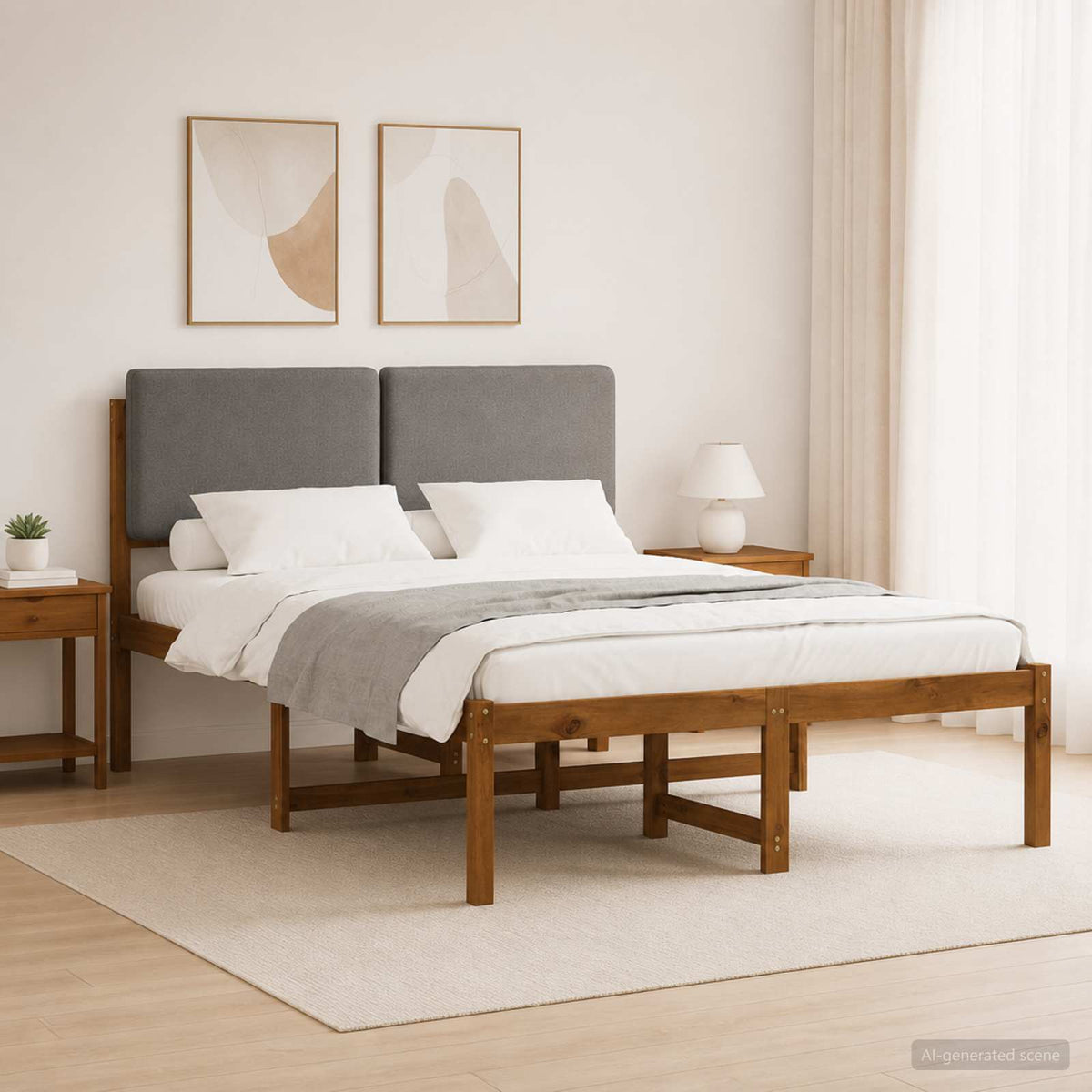 vidaXL Bed Frame with Upholstered Headboard Natural and Light Grey