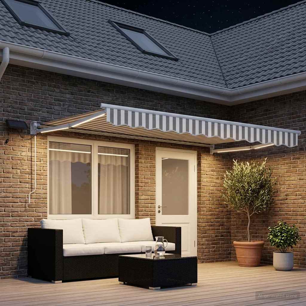 vidaXL Manual Retractable Awning with LEDs Light Grey and White
