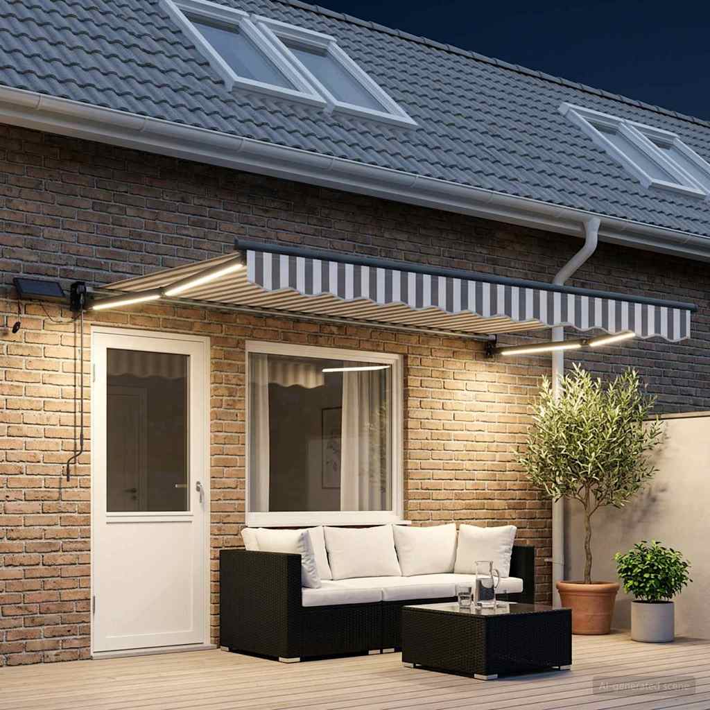 vidaXL Manual Retractable Awning with LEDs Light Grey and White