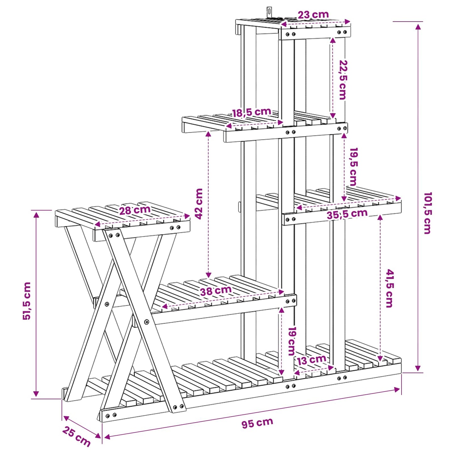 vidaXL Plant Stand Natural 95 x 25 x 101.5 cm Solid Acacia Wood