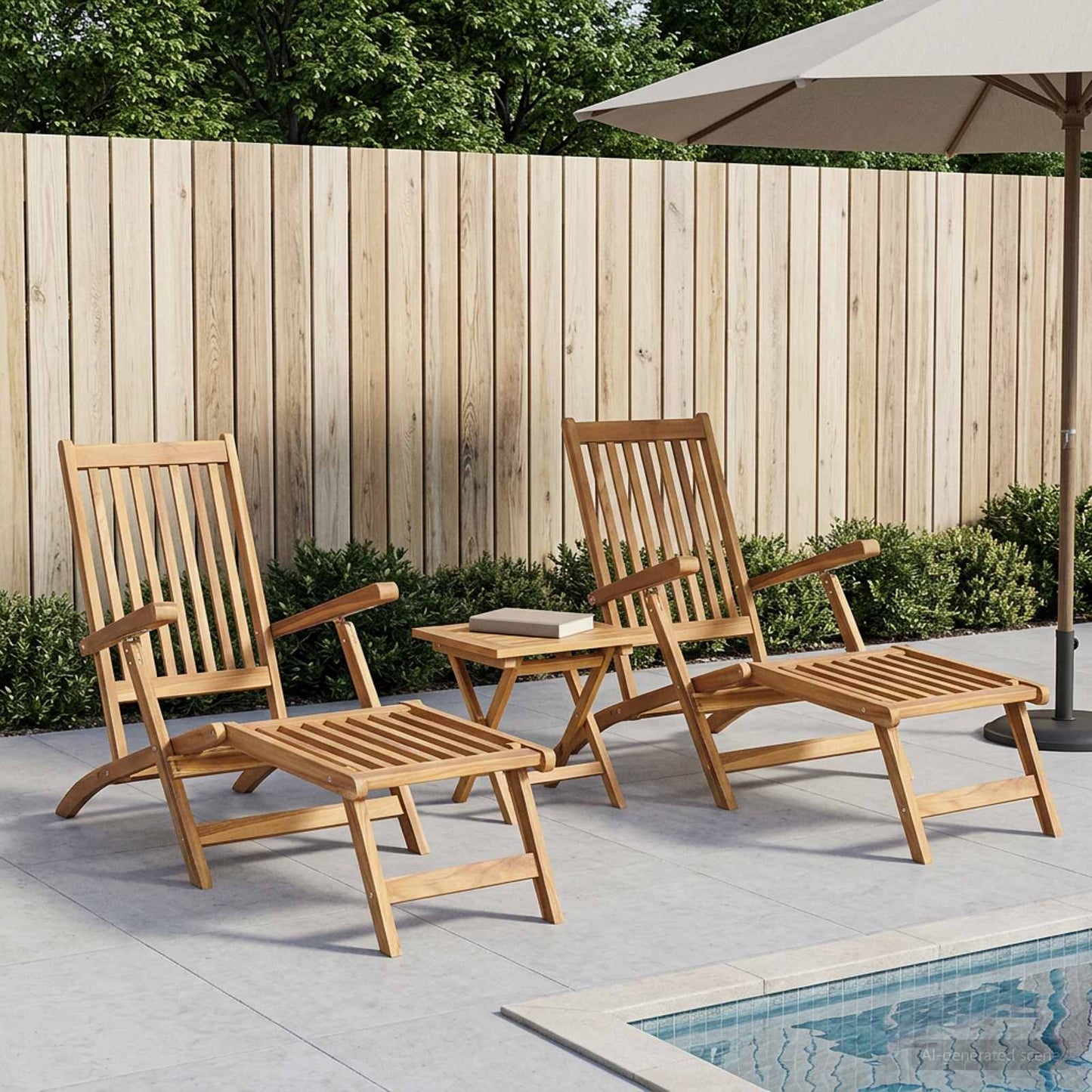 vidaXL Folding Deck Chair with Table 2 pcs Natural Solid Teak Wood