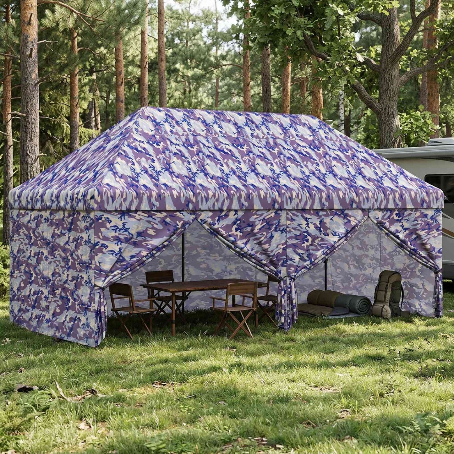 vidaXL Pop-up Gazebo with 4 Sidewalls 3 x 6 m Blue Camouflage