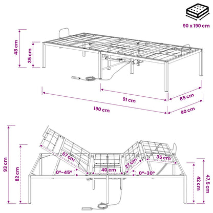 vidaXL Electric Adjustable Bed Frame Black 90 x 190 x 48 cm Steel