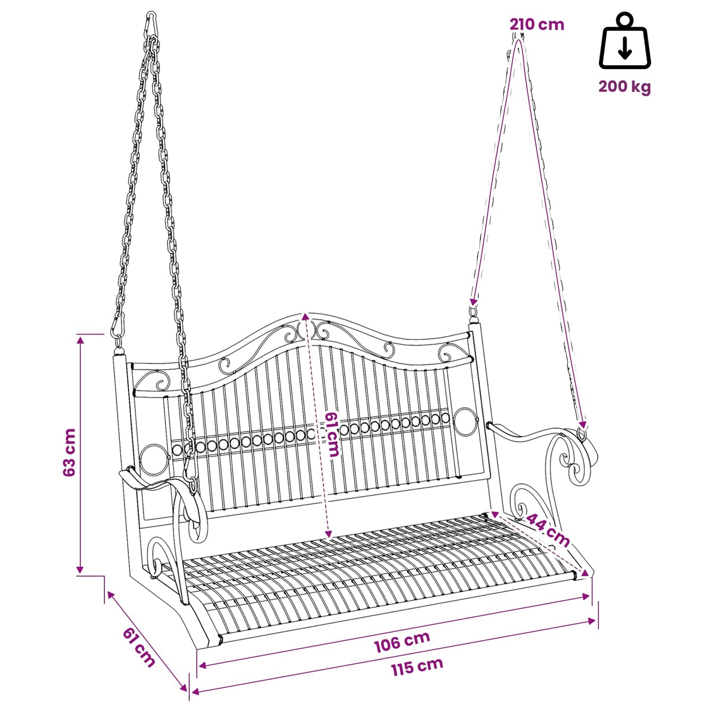 vidaXL Swing Bench Steel 115 x 61 x 63 cm Antique White