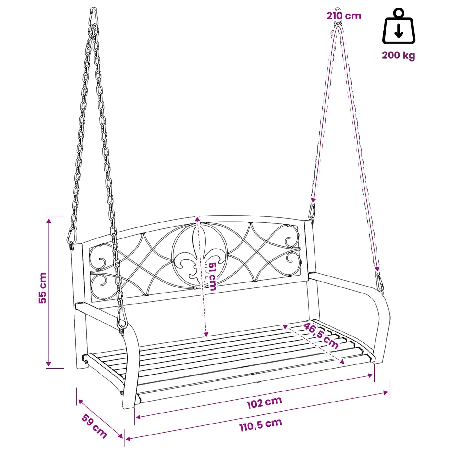 vidaXL Swing Bench Steel 110.5 x 59 x 55 cm Antique White