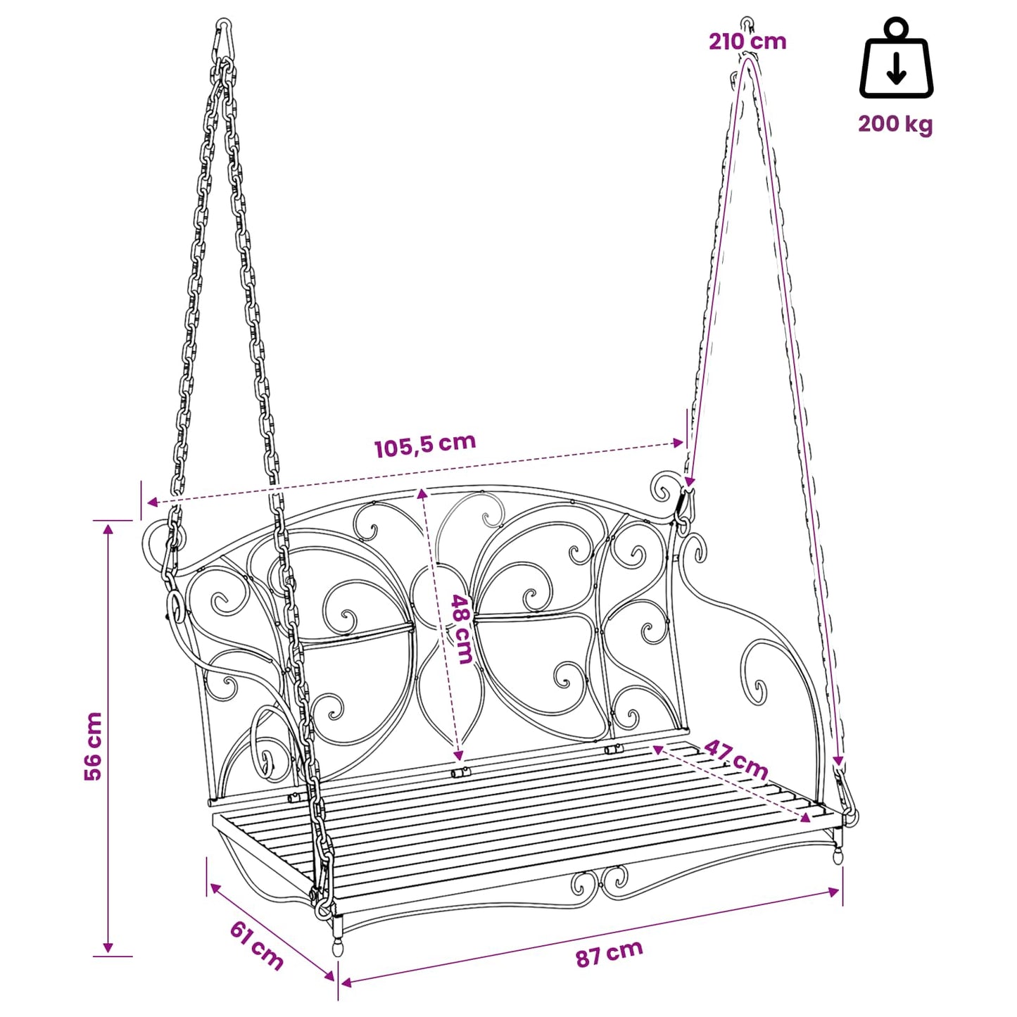 vidaXL Swing Bench Steel 105.5 x 61 x 56 cm Antique White