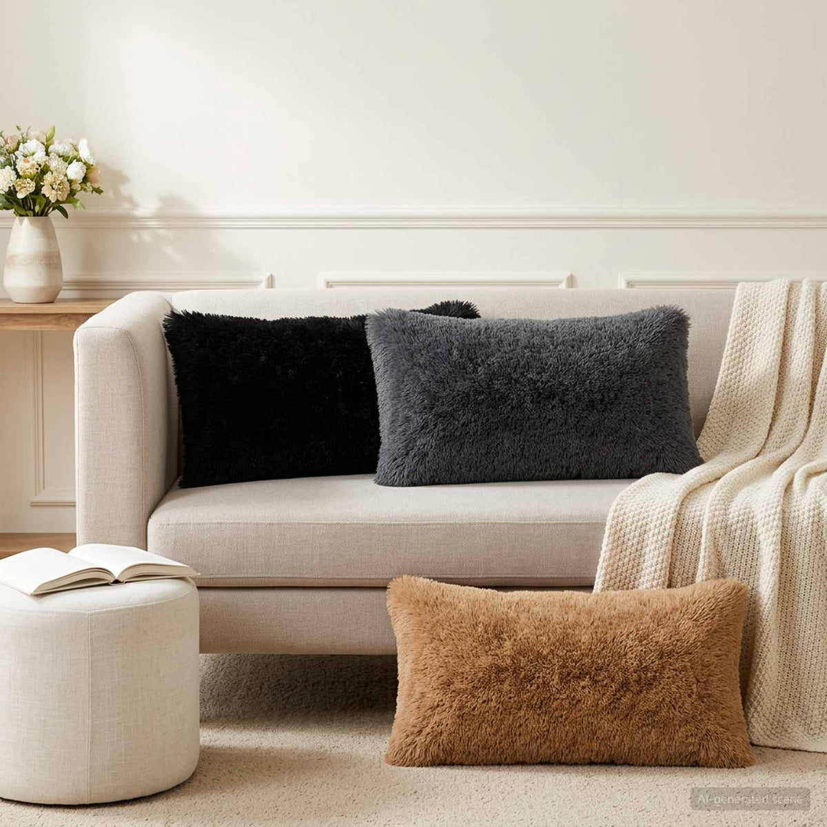 vidaXL Cushion with Pillow HEERLEN 6 pcs Black PV Fleece