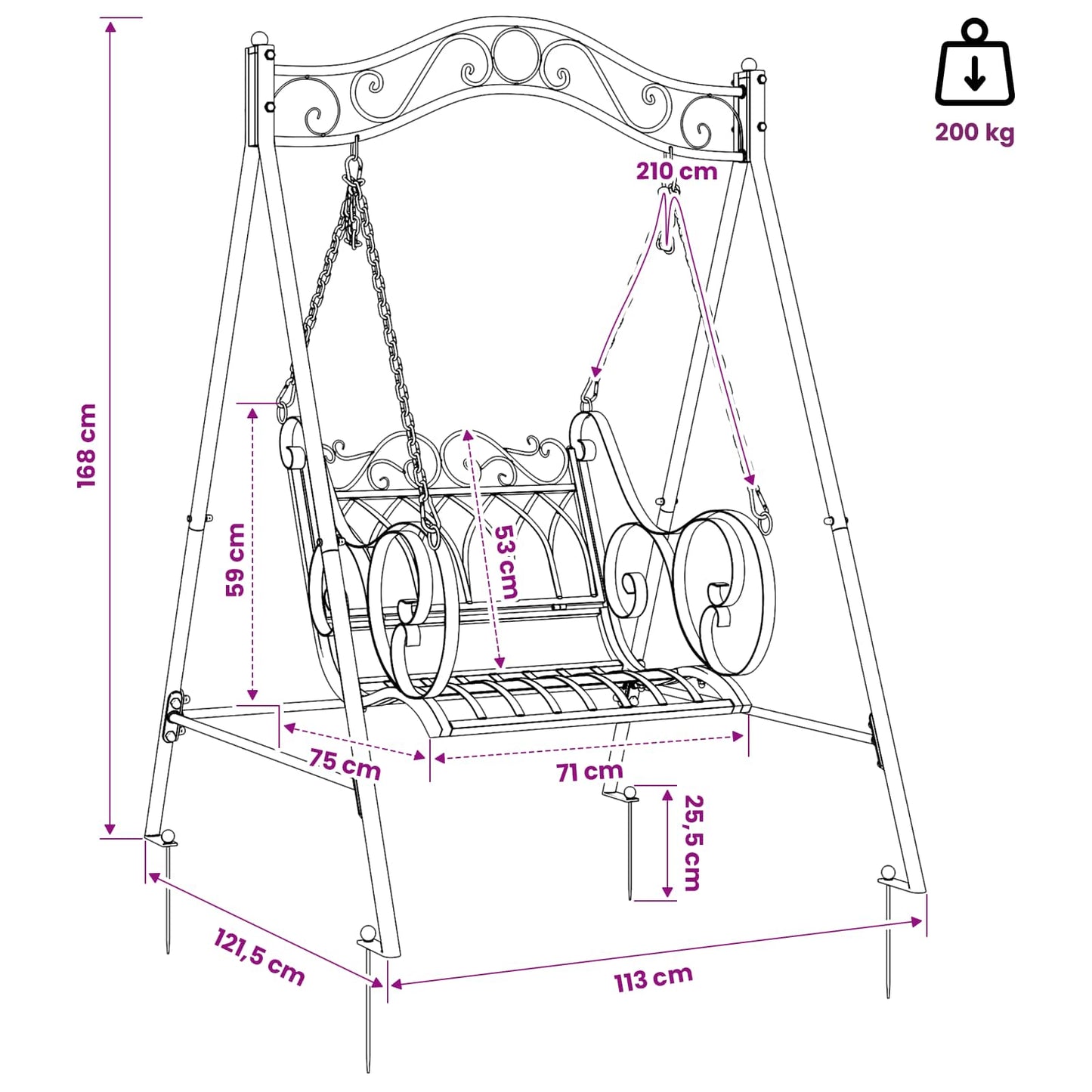 vidaXL Swing Bench Steel 113 x 121.5 x 168 cm Antique White