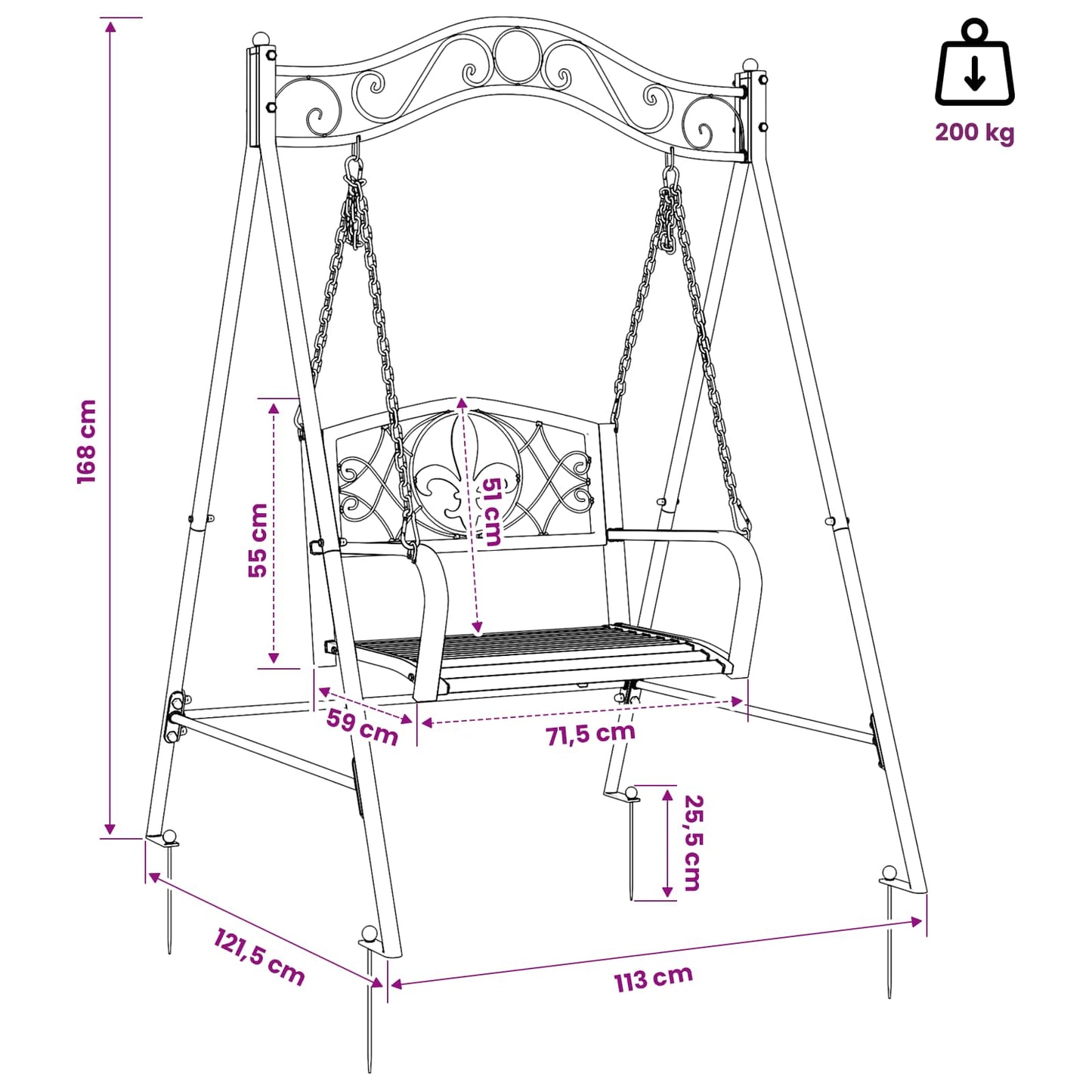 vidaXL Swing Bench Steel 113 x 121.5 x 168 cm Antique White