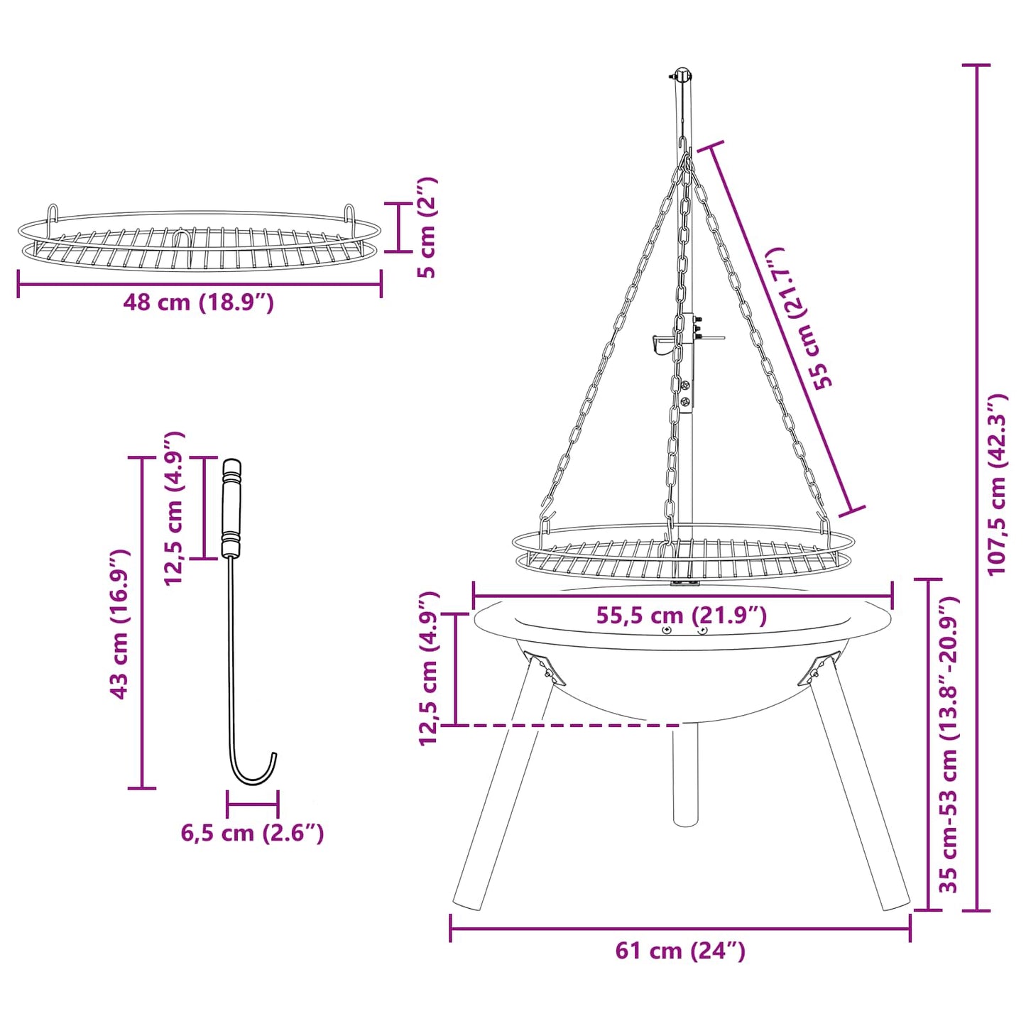 vidaXL Fire Pit with Adjustable Grill Grate ⌀55.5 x 107.5 cm Steel