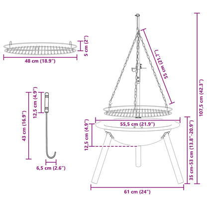 vidaXL Fire Pit with Adjustable Grill Grate ⌀55.5 x 107.5 cm Steel