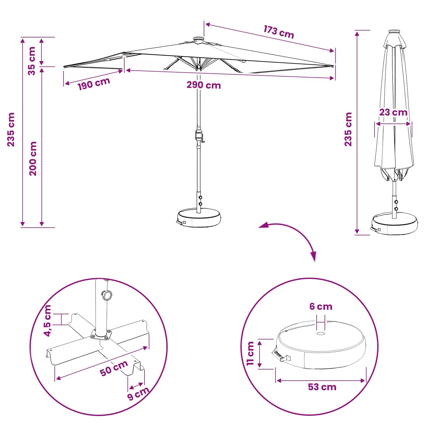 vidaXL Garden Parasol with LED Lights and Base 200 x 300 cm Polyester