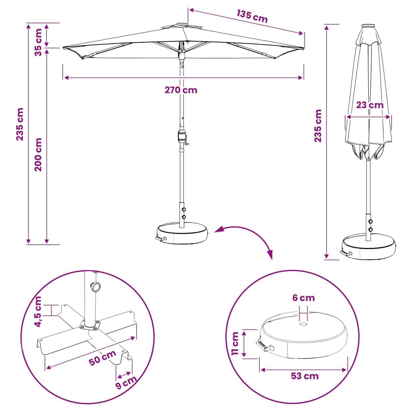 vidaXL Garden Parasol with LED Lights and Base 270 x 270 cm Polyester
