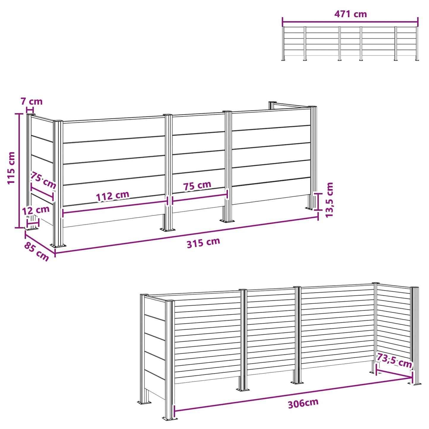 vidaXL Garbage Bin Fence Grey 315 x 85 x 115 cm Aluminium and WPC