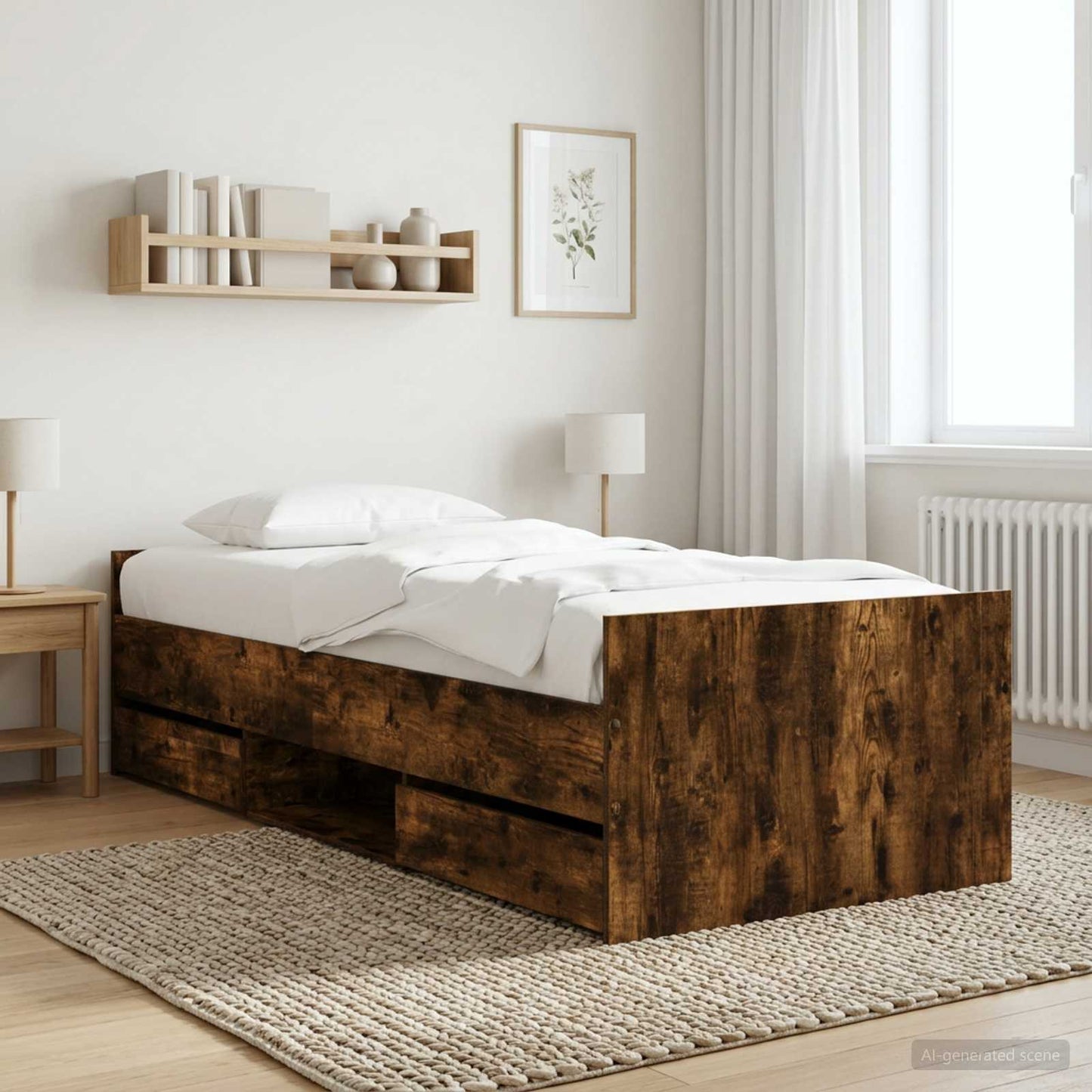 vidaXL Bed Frame with Drawer with Headboard Smoked Oak Engineered Wood