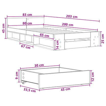 vidaXL Bed Frame with Storage with Drawer Concrete Grey 80 x 200 cm