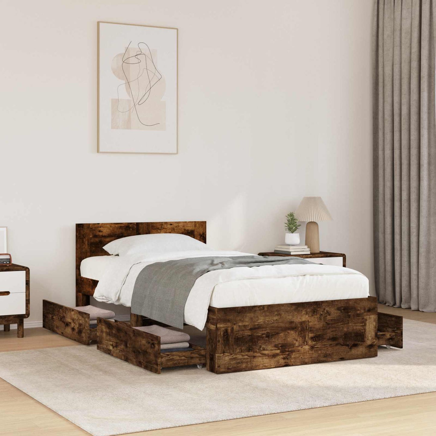 vidaXL Bed Frame with Drawer 2 pcs Smoked Oak Engineered Wood