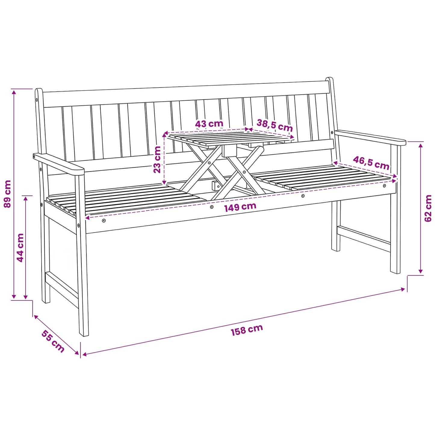 vidaXL Garden bench 158 x 55 x 89 cm Solid Acacia Wood Natural