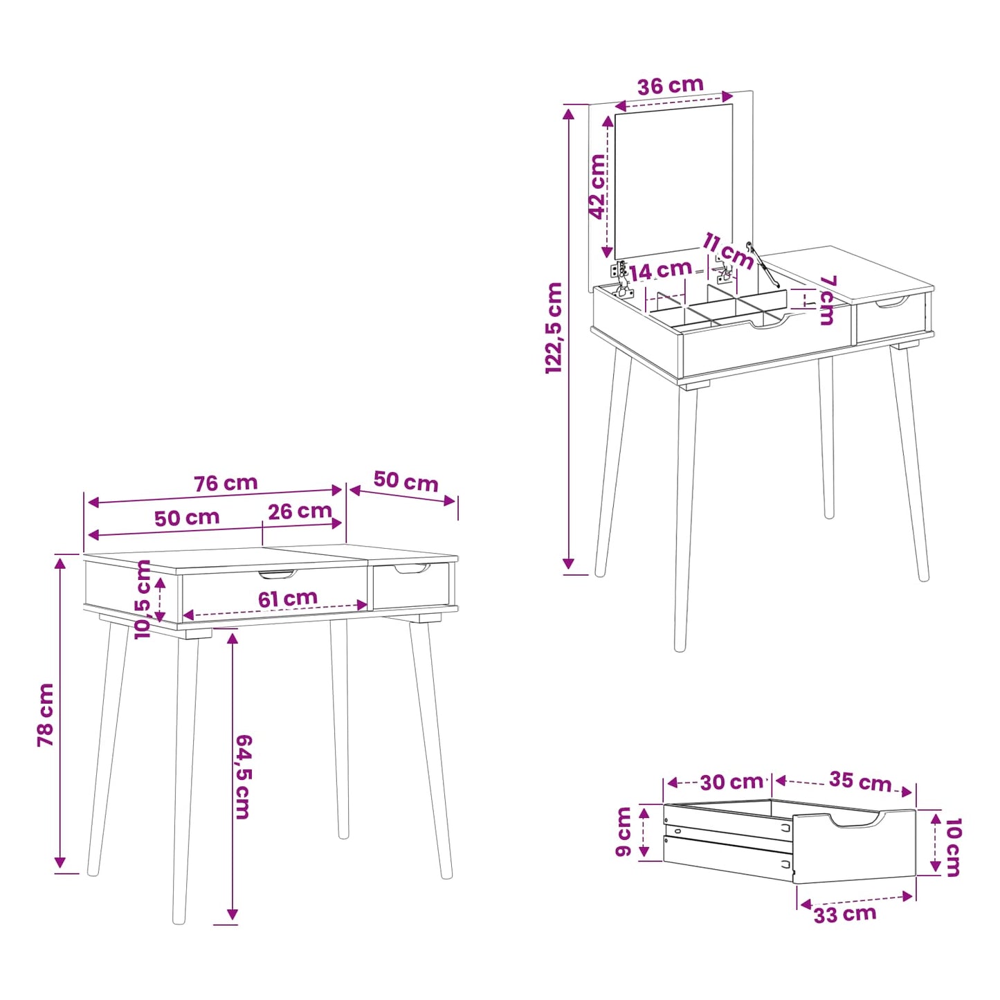 vidaxl Dressing Table FAUSKE White 76 x 50 x 78 cm
