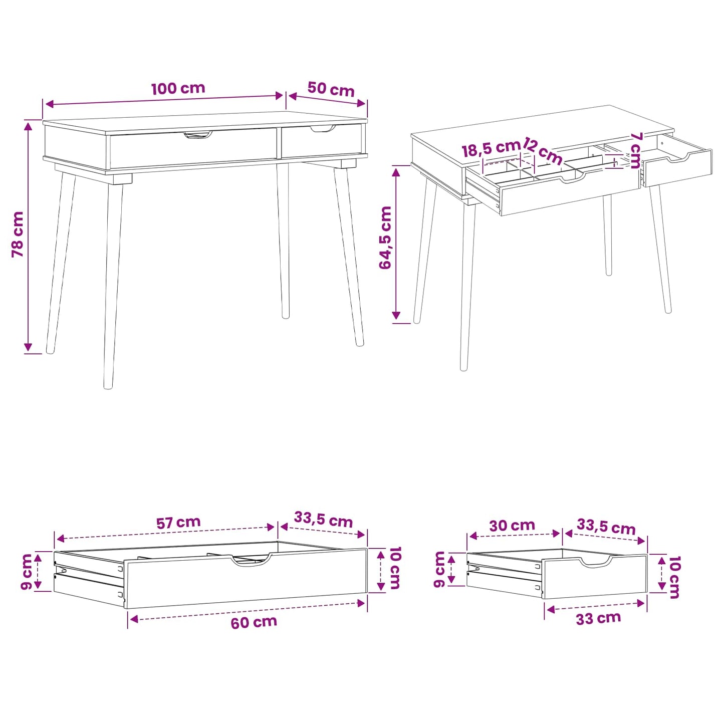 vidaxl Dressing Table FAUSKE White 100 x 50 x 78 cm