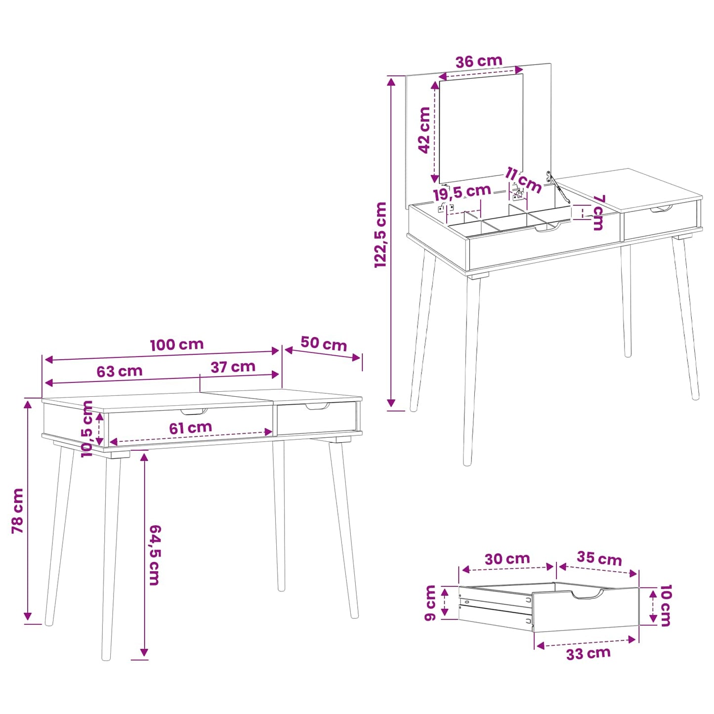 vidaxl Dressing Table FAUSKE White 100 x 50 x 78 cm