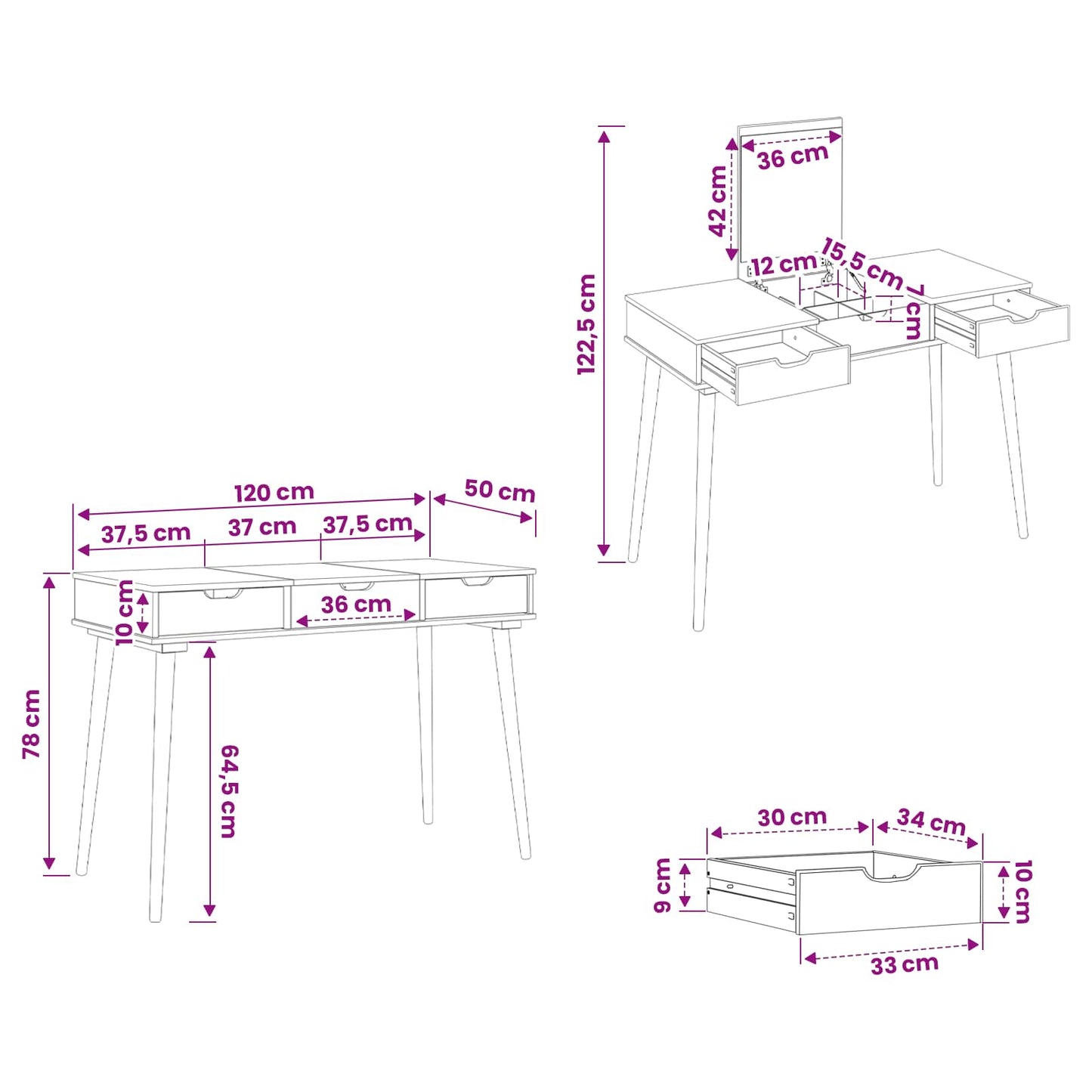 vidaxl Dressing Table FAUSKE White 112 x 50 x 78 cm