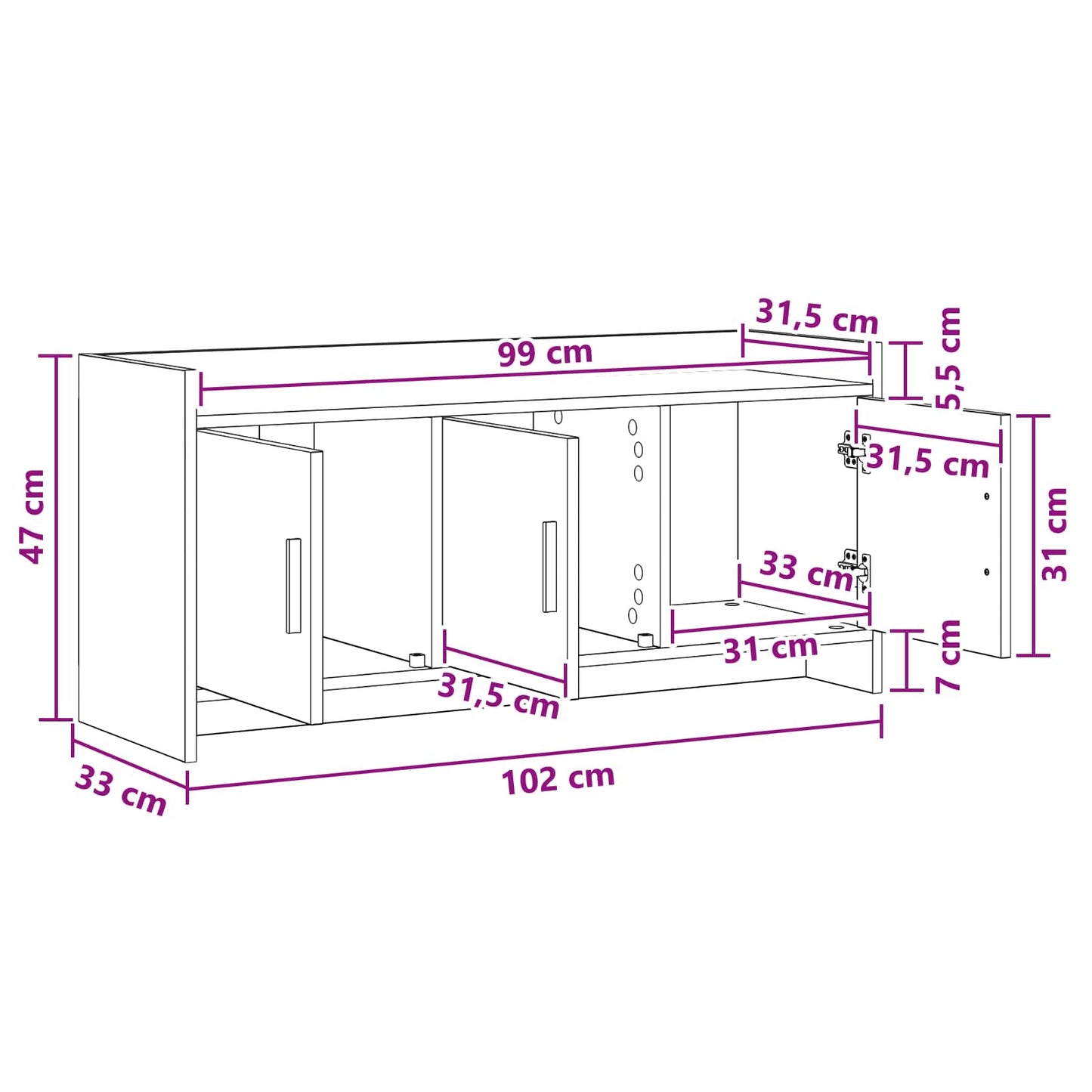vidaXL TV Cabinet 102 x 33 x 47 cm White Engineered Wood
