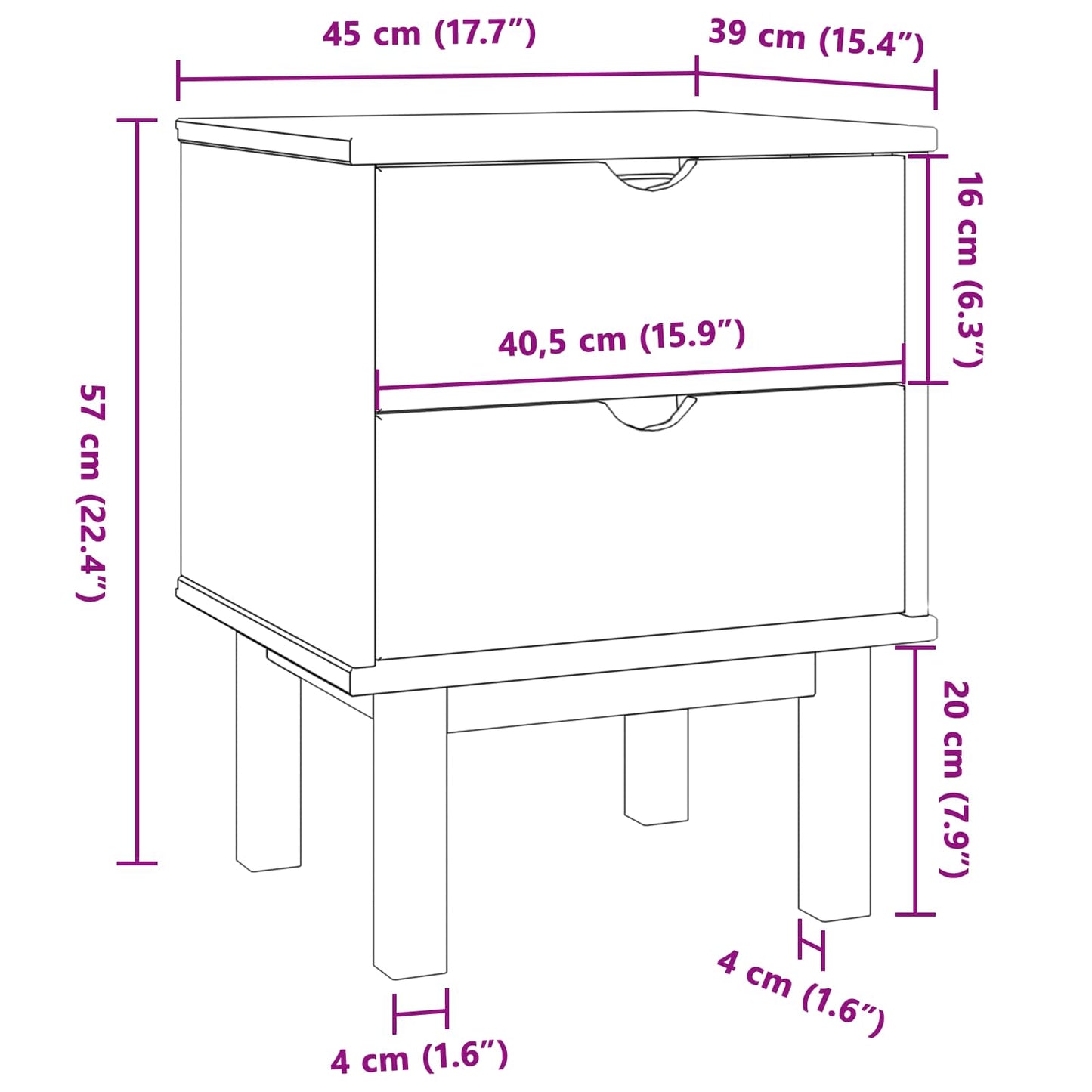 vidaXL Bedside Table OTTA Black 45 x 39 x 57 cm Solid Pine Wood