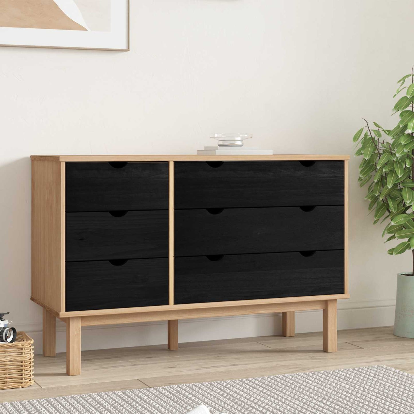 vidaXL Drawer Cabinet OTTA Black 111 x 43 x 73.5 cm Solid Pine Wood
