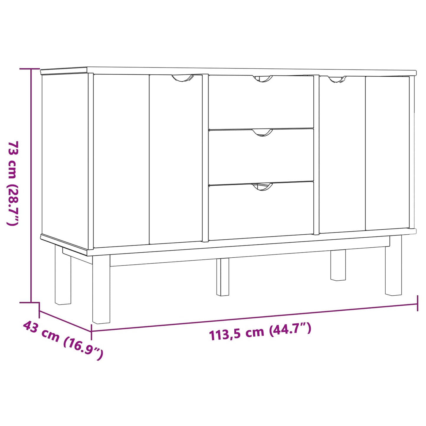 vidaXL Sideboard OTTA Black 113.5 x 43 x 73 cm Solid Pine Wood