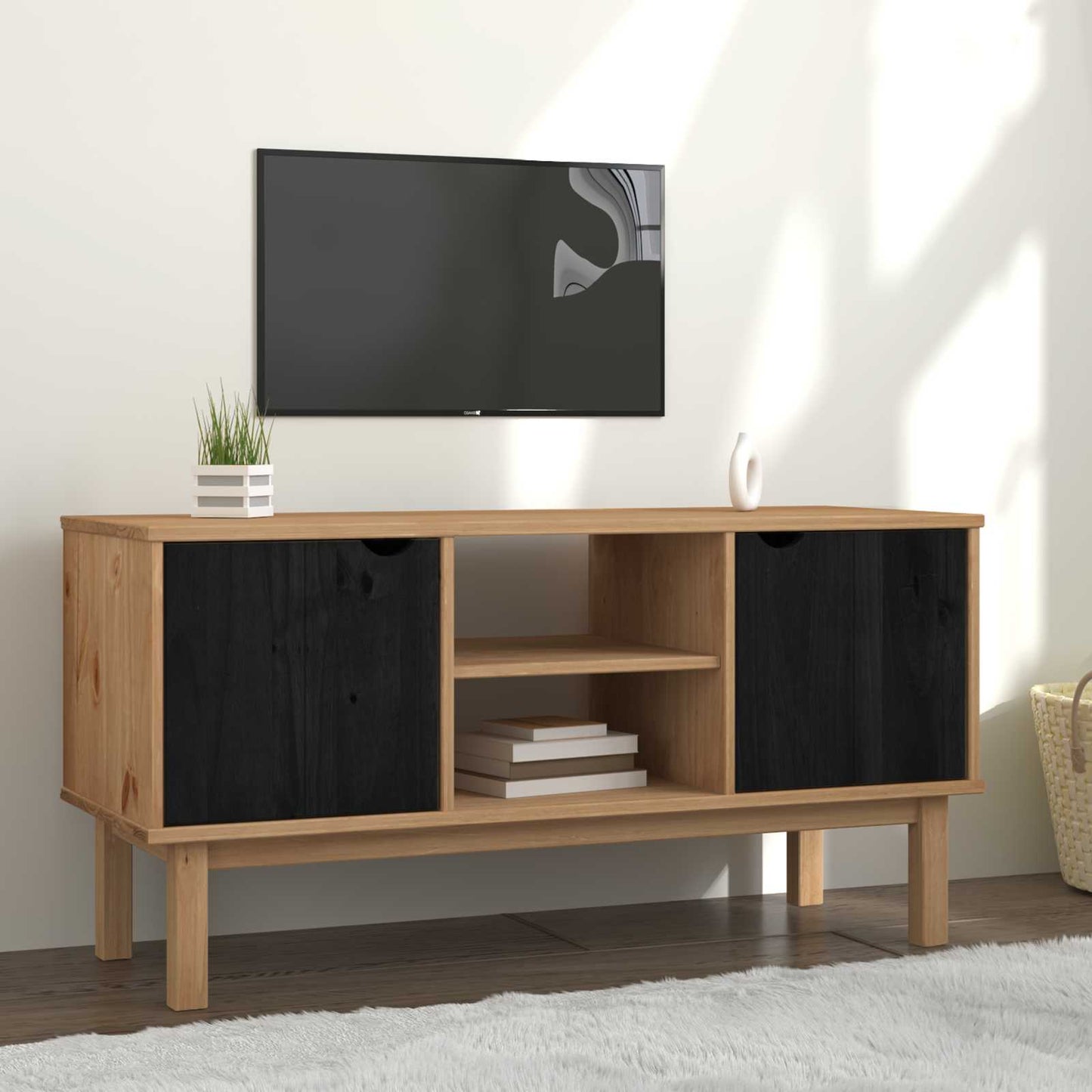 vidaXL TV Stand OTTA 113.5 x 43 x 57 cm Black Solid Pine Wood