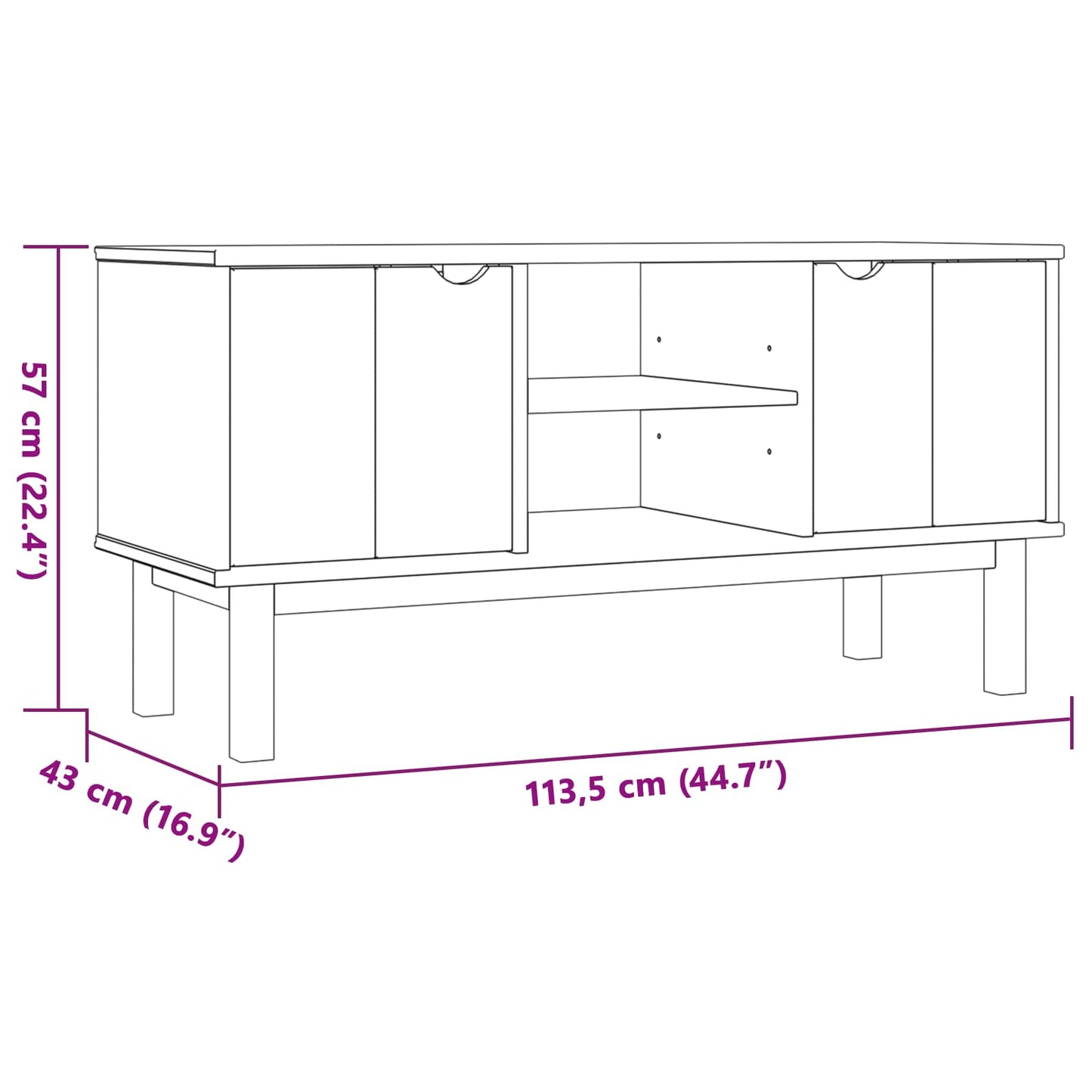 vidaXL TV Stand OTTA 113.5 x 43 x 57 cm Black Solid Pine Wood