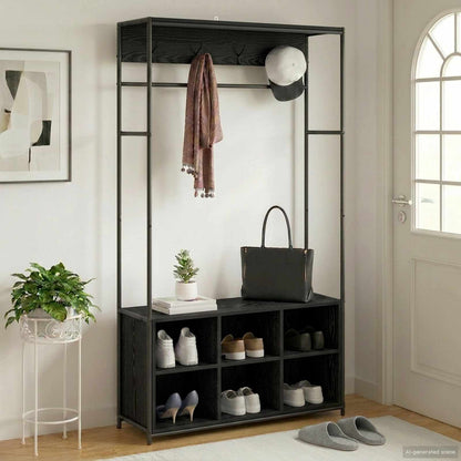 vidaXL Coat Stand with Shoes Bench Black Oak 100 x 32 x 180.5 cm