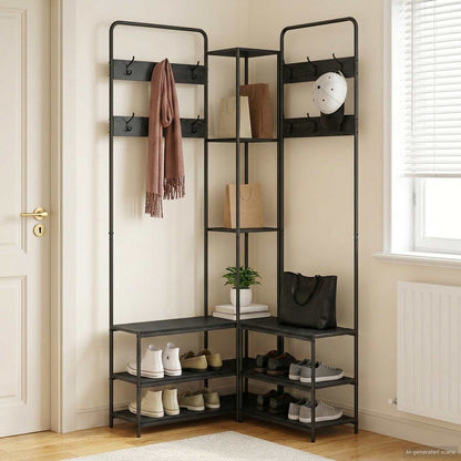 vidaXL Coat Stand with Shoes Bench Black Oak 143 x 30 x 199.5 cm