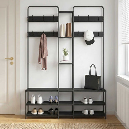 vidaXL Coat Stand with Shoes Bench Black Oak 143 x 30 x 199.5 cm