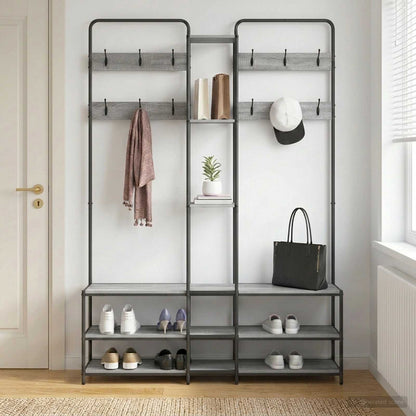 vidaXL Coat Stand with Shoes Bench Grey Sonoma 143 x 30 x 199.5 cm