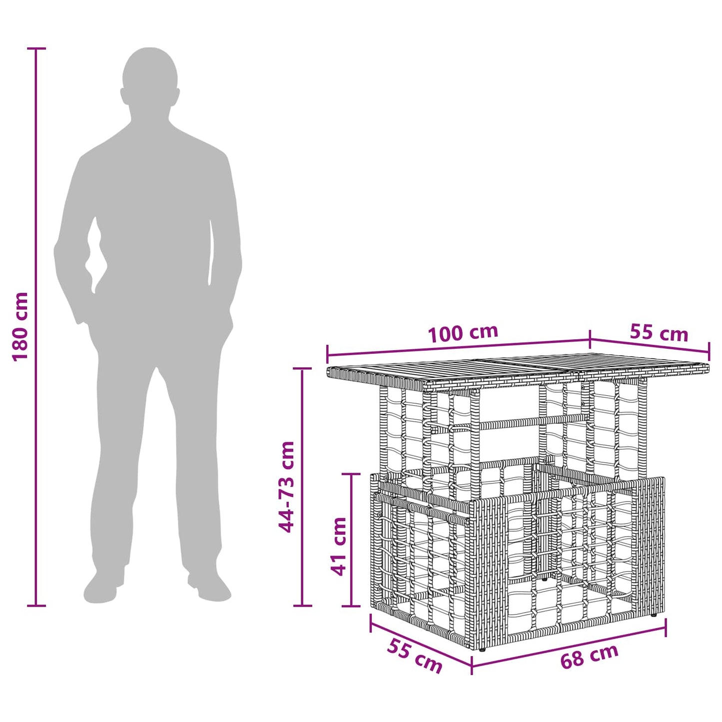 vidaXL Garden Table Natural 100 x 55 x 37 cm PE Rattan and Glass
