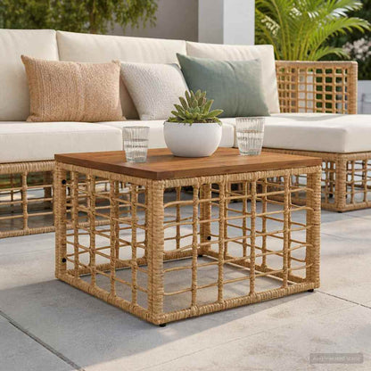 vidaXL Garden Table Natural 55 x 55 x 37 cm PE Rattan and Glass