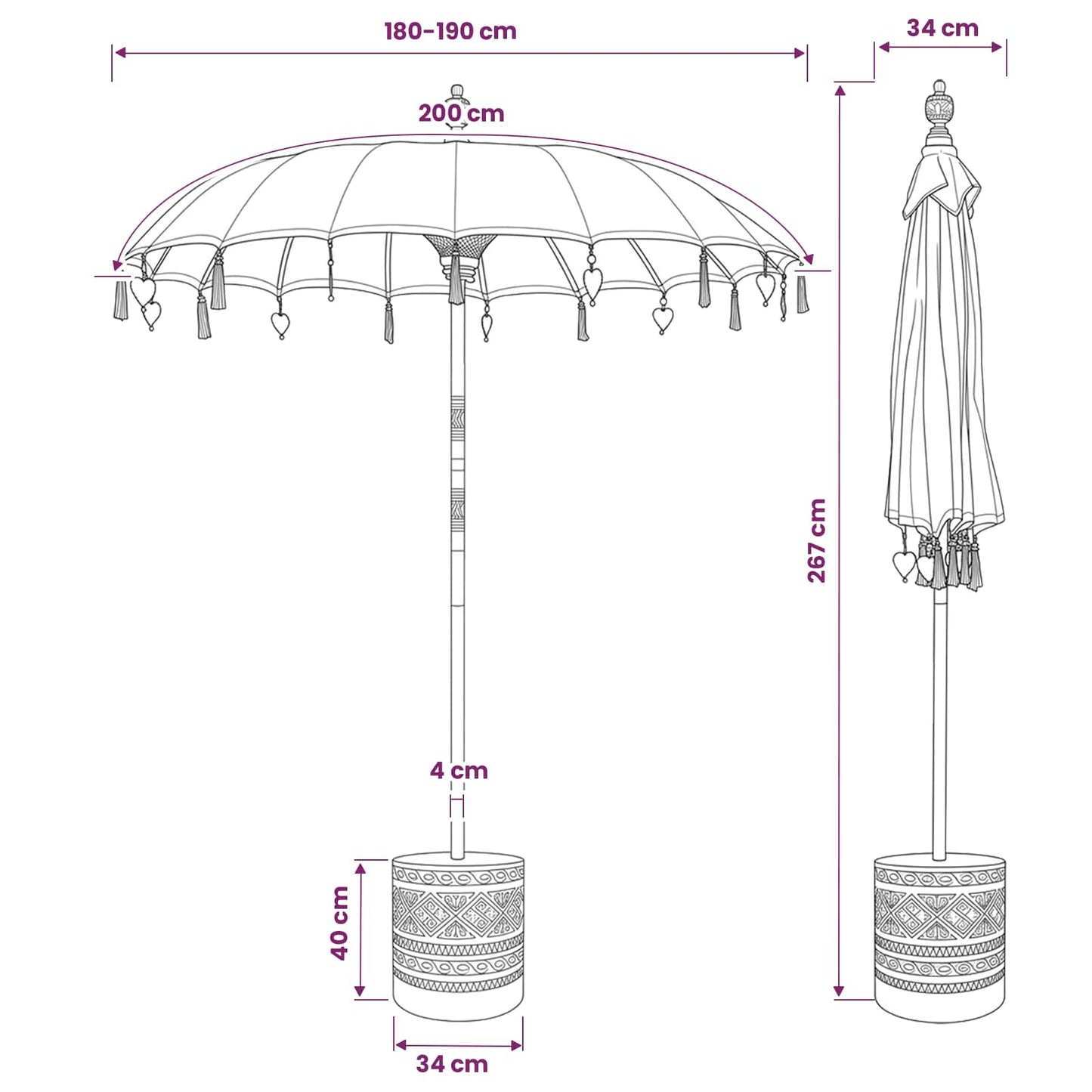 vidaXL Balinese Parasol with Base Round 190 x 190 x 295 cm