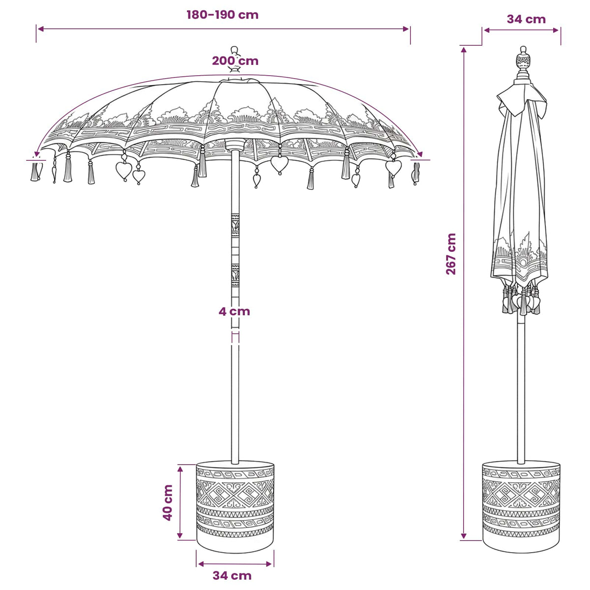 vidaXL Balinese Parasol with Base 2 pcs Pink