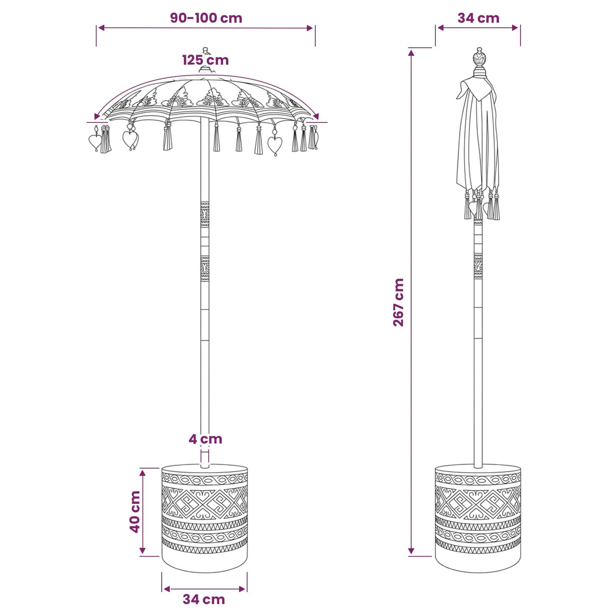 vidaXL Balinese Parasol with Base 2 pcs Pink