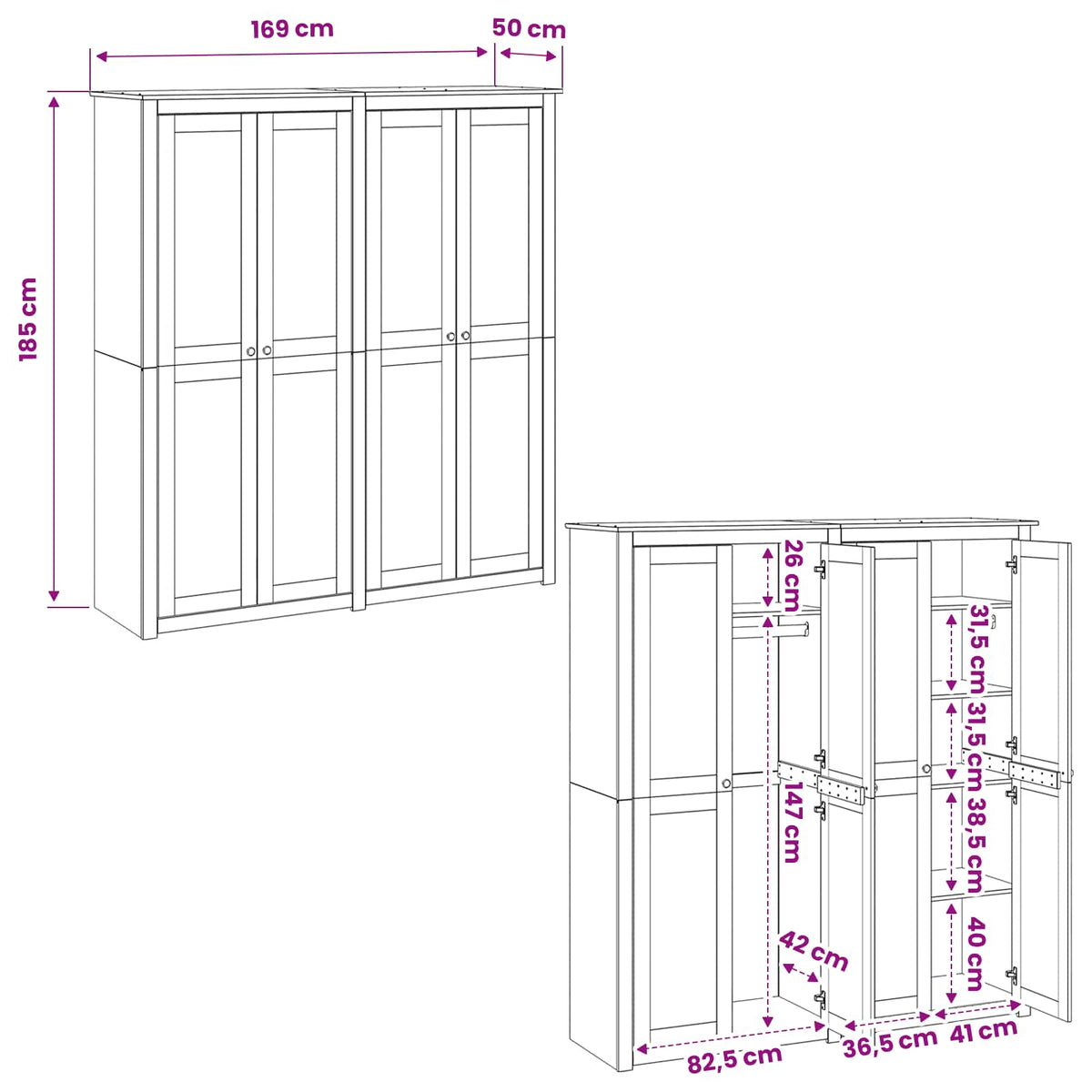 vidaXL Wardrobe PANAMA Honey 169 x 50 x 185 cm Solid Pine Wood