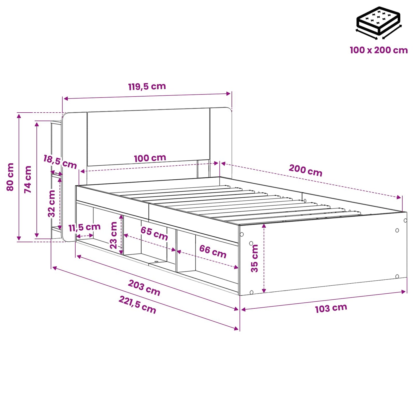 vidaXL Bed Frame with Storage Artisan Oak 100 x 200 cm Engineered Wood