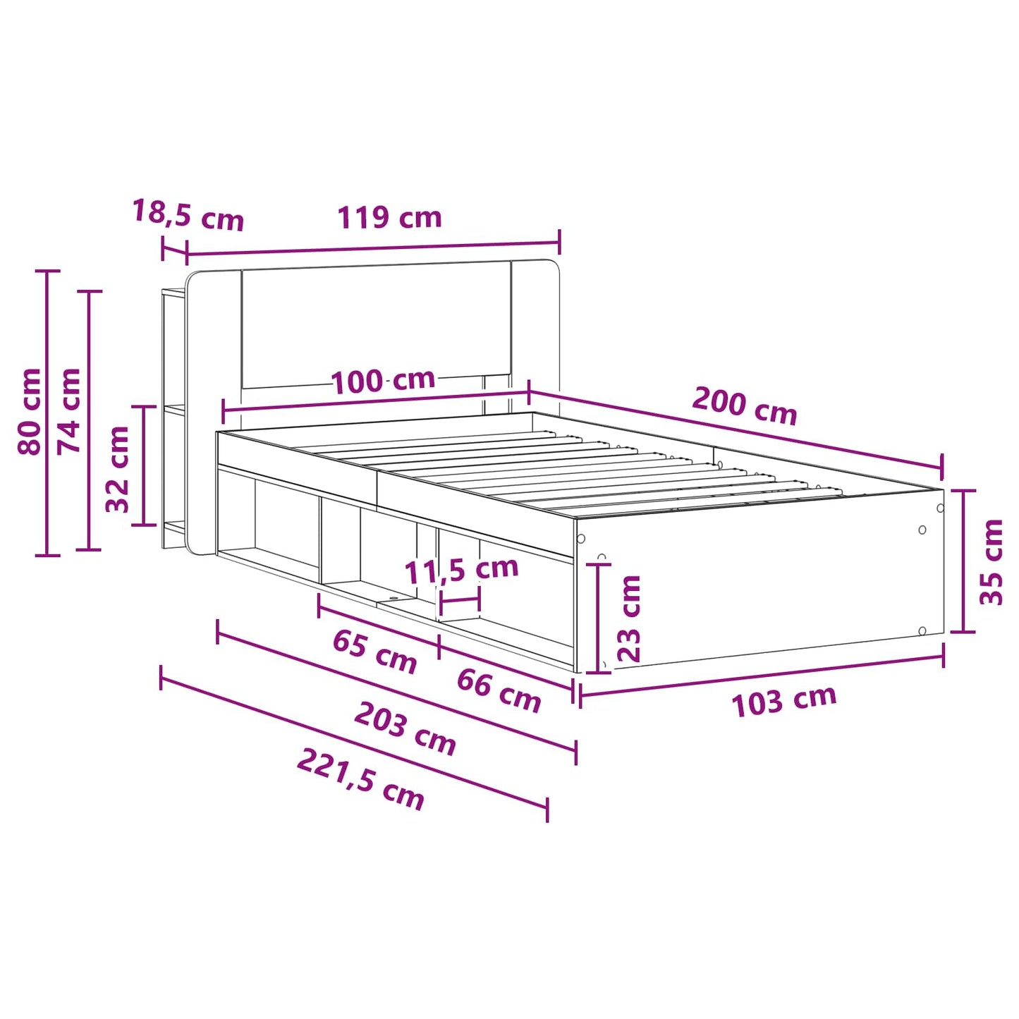 vidaXL Bed Frame with Storage Black 100 x 200 cm Engineered Wood