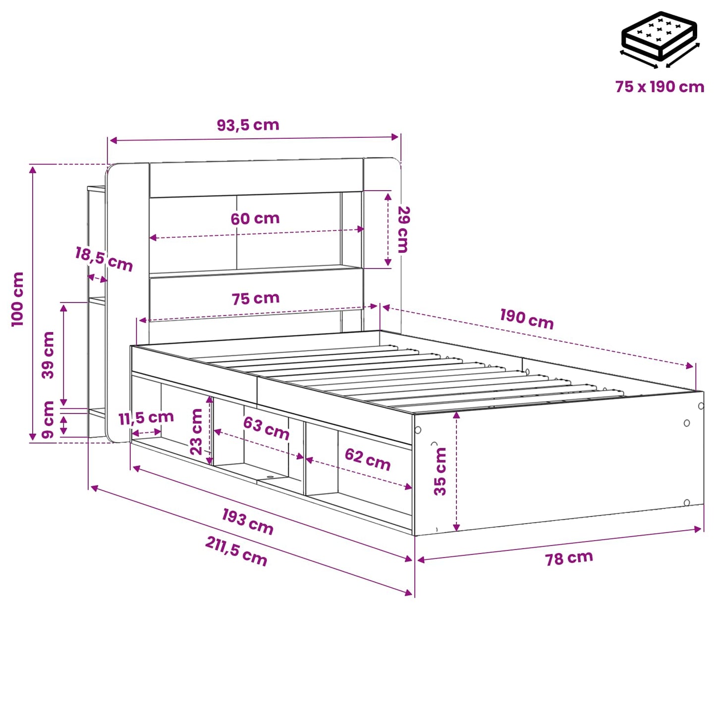 vidaXL Bed Frame with Storage Black 75 x 190 cm Engineered Wood